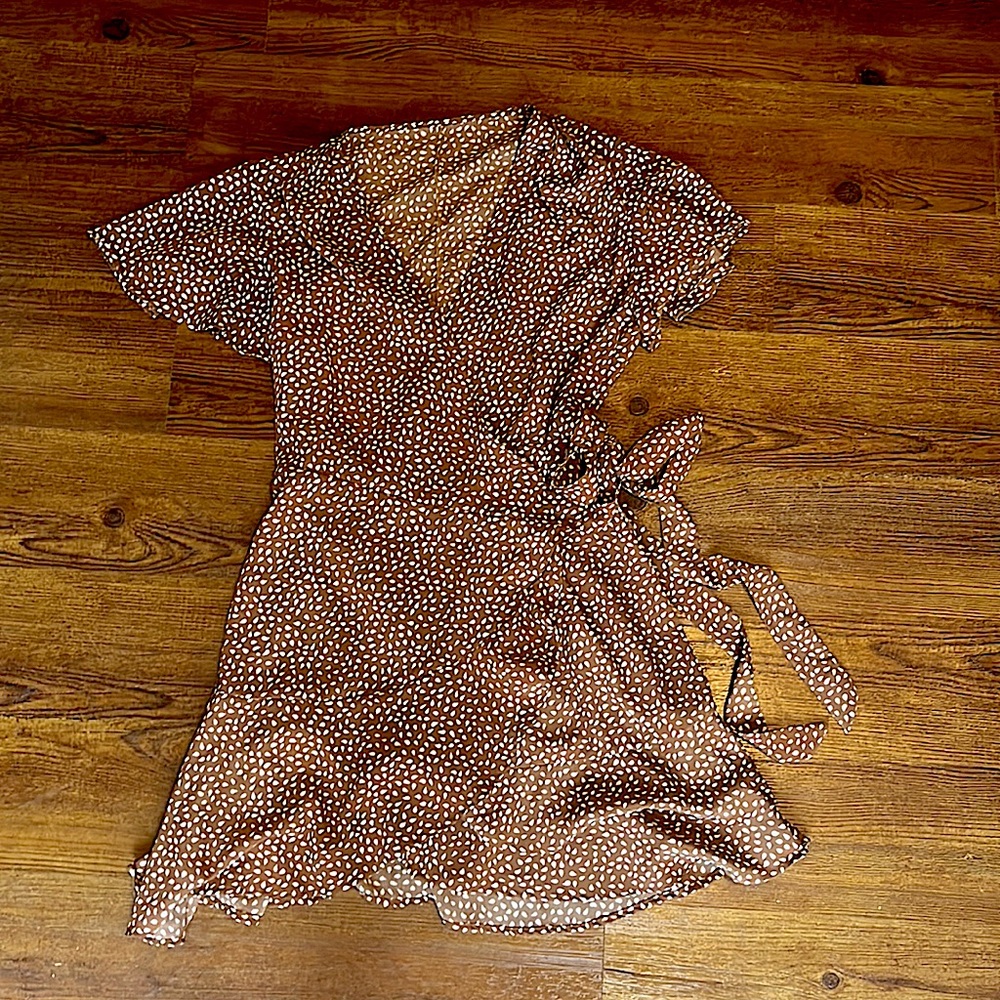 Short wrap dress, only worn once! Coffee brown with cute white dot pattern.
